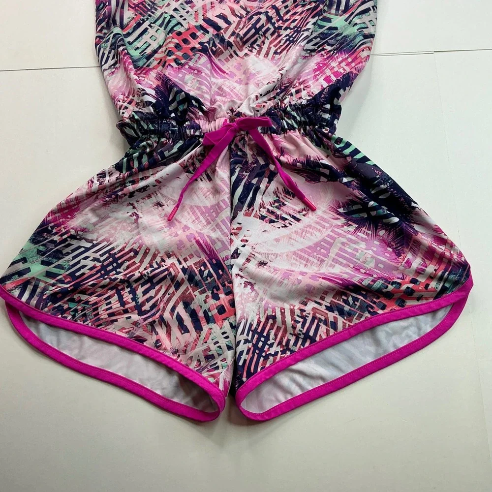 Athletic Works Pink Tropical Romper Kids Sz L 10-12 Crisscross Back AWG29S200BH